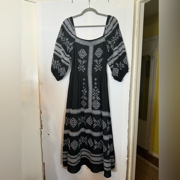 Strut & Bolt Boho Peasant Black Embroidered Linen Blend Midi Dress, Size S - Picture 6 of 16